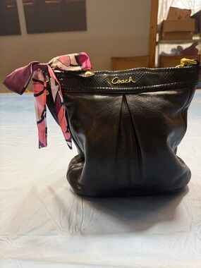 Coach Vintage Ashley Black Shoulder Bag with Pink Scarf Accent